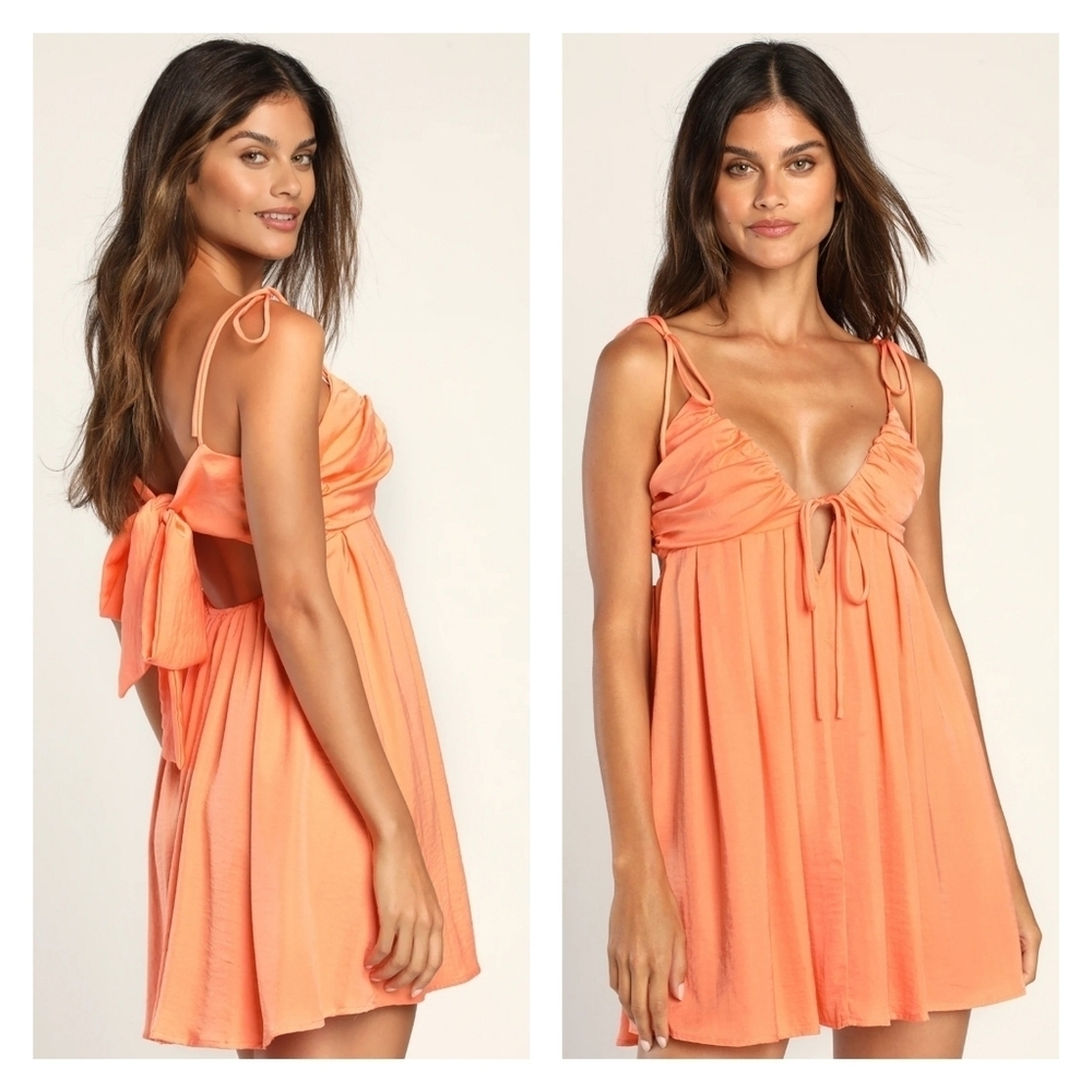 LULU'S Tie Your Best Coral Satin Tie-Back Babydoll Mini Dress size large